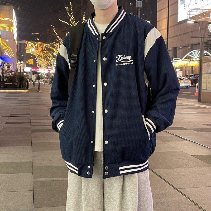 Spring new American retro college style casual loose jacket navy blue baseball jacket