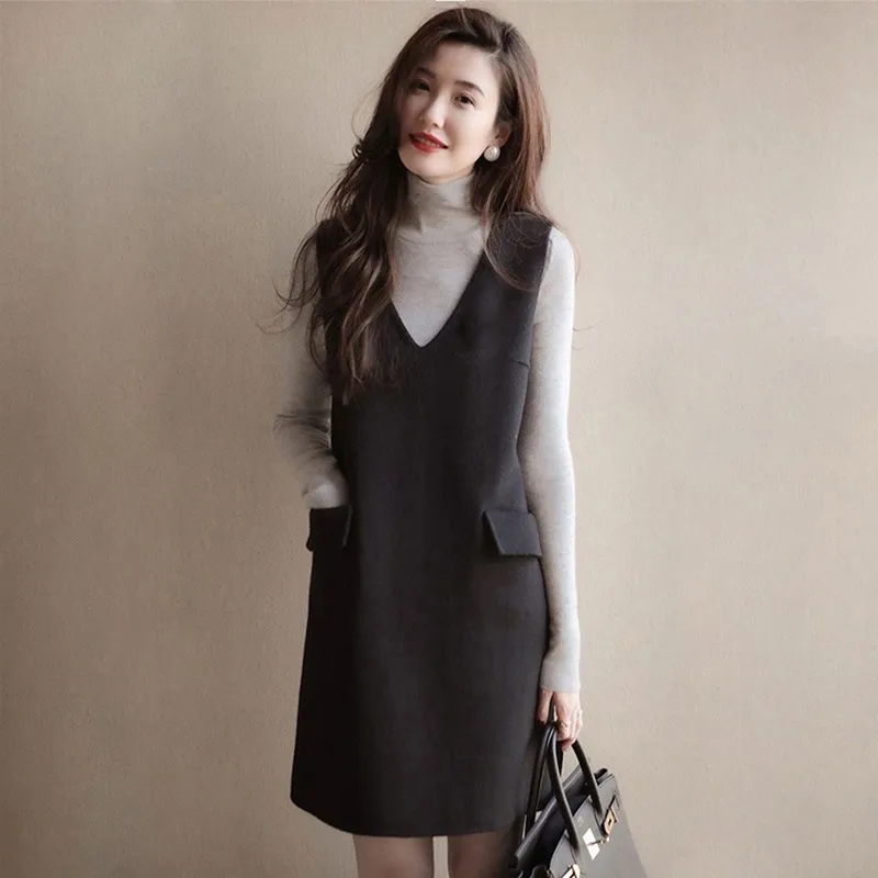 Fashionable little fragrant woolen tank top dress for women spring waist slimming bottoming little black dress ladylike temperament dress