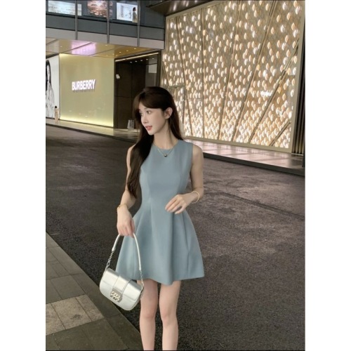 Round neck waistline sleeveless vest dress for women summer simple temperament high-end slim skirt