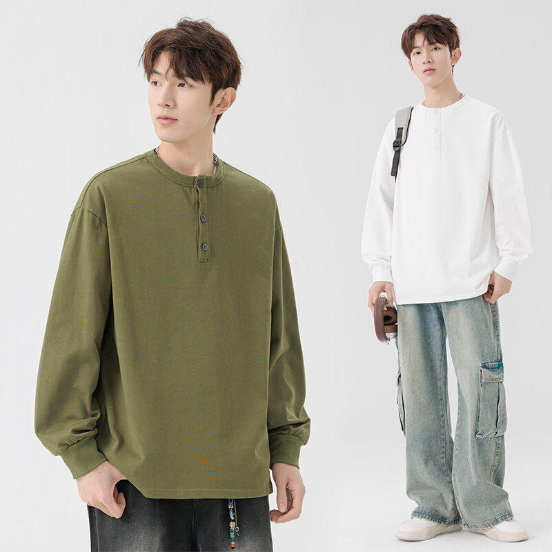 Heavyweight cotton ready-to-wear washed henley collar long-sleeved T-shirt sweatshirt