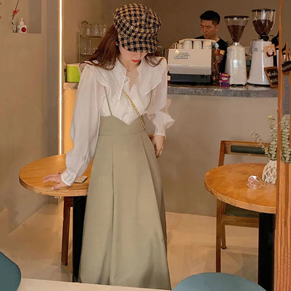 Suit skirt women's new autumn style versatile and age-reducing sweet long-sleeved babydoll suspender skirt two-piece autumn outfit