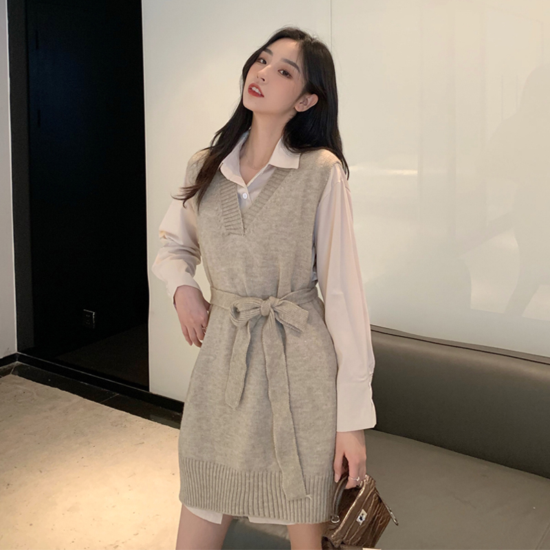 Korean style women's loose casual sweater vest + mid-length shirt dress two-piece set
