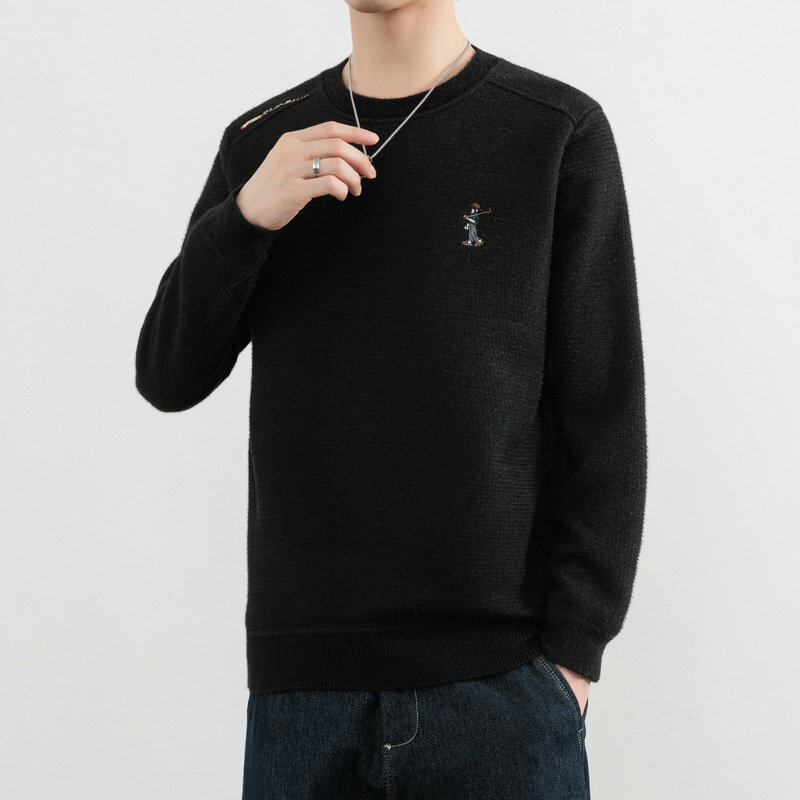 Embroidered round neck pullover men's sheep wool knitted fleece sweater