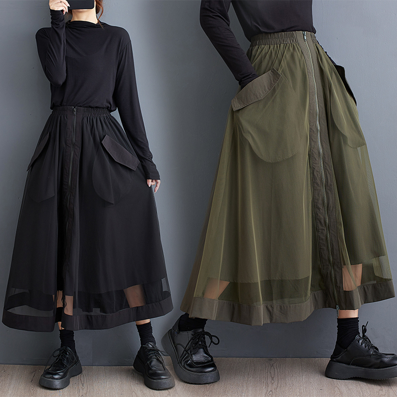 Autumn new fashion big pocket niche drape mesh skirt zipper design temperament versatile elastic skirt