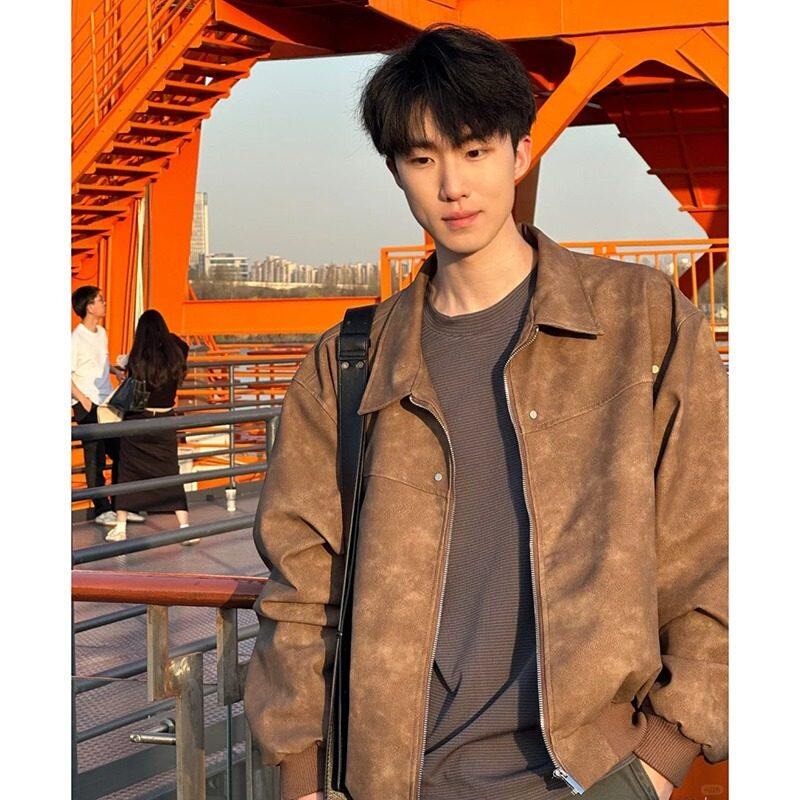American retro brown lapel leather jacket men's Maillard premium suede jacket