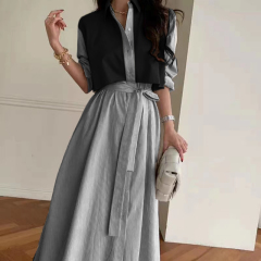 Korean style vertical striped fake two-piece lace-up shirt-style long skirt dress