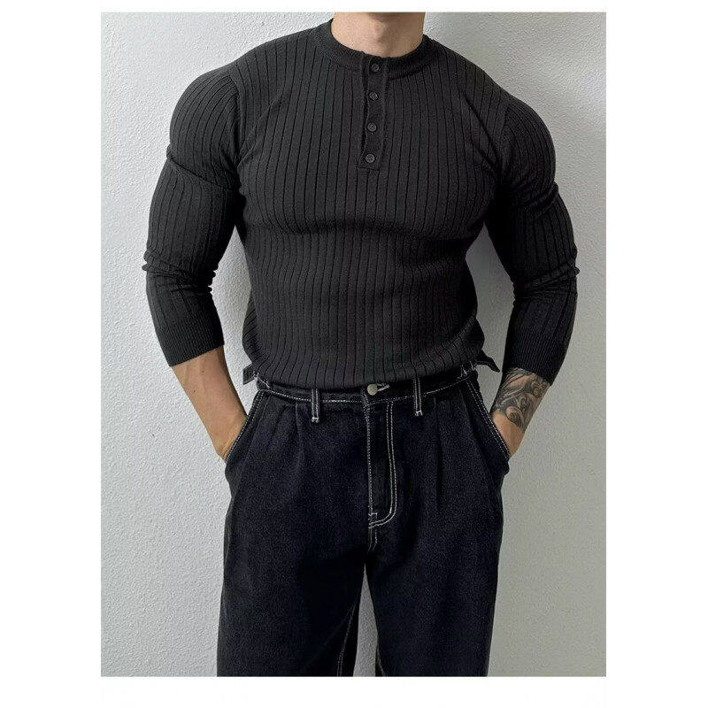 High-end slim fit and versatile henley collar long-sleeved sweater
