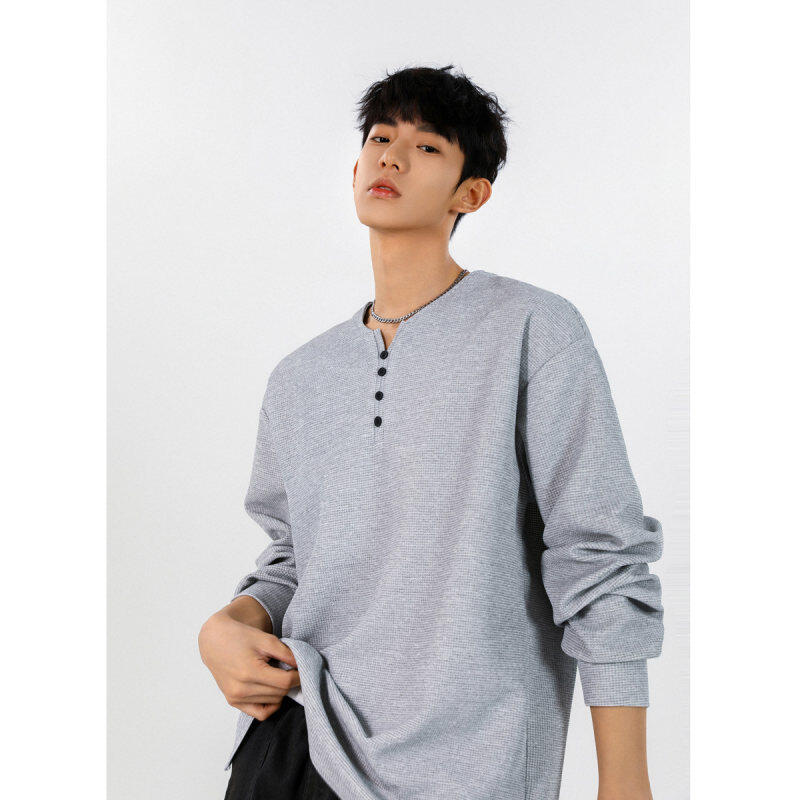 Spring bottom shirt loose long -sleeved T -shirt spring Henry collar men's large size top