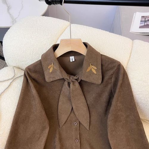 Niche autumn and winter design, embroidery versatile foreign wearing French bow, laceliocytic shirt, women's top