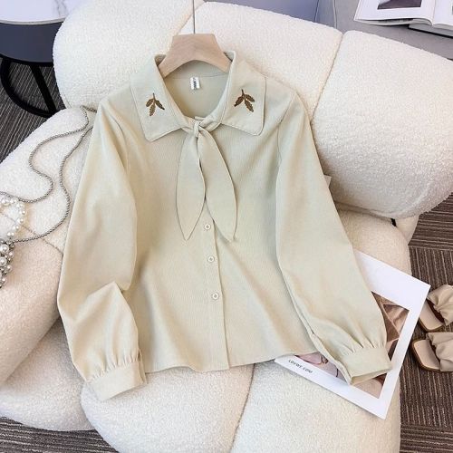 Niche autumn and winter design, embroidery versatile foreign wearing French bow, laceliocytic shirt, women's top