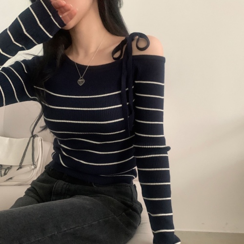 South Korea's Dongdaemun Autumn and Winter New Temperament Casual Diagonal Collar Suspender Off-Shoulder Striped Color Block Versatile Sweater