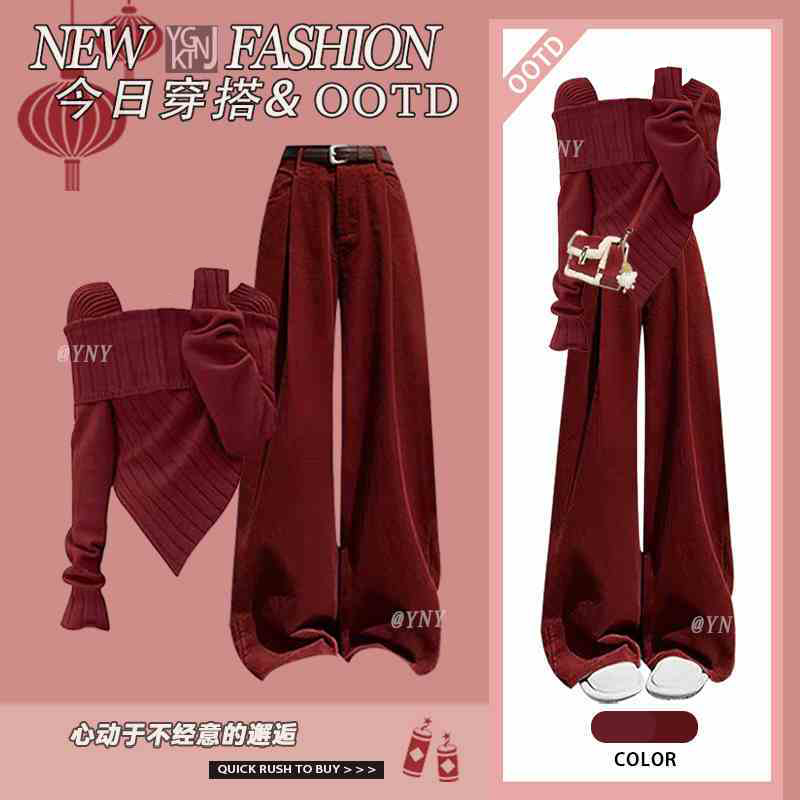 Winter suit for women, new Korean style lazy style one-shoulder sweater top paired with casual pants two-piece set