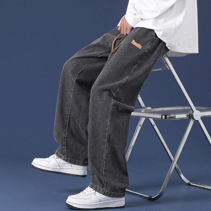 Hong Kong style casual straight black and gray wide leg pants for teenagers and Japanese style handsome and versatile denim long pants
