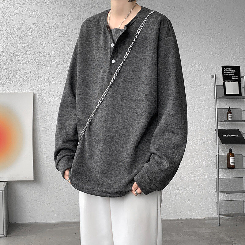Glutinous rice fabric fake two pieces of Henry leading long -sleeved T -shirt men with bottom shirt