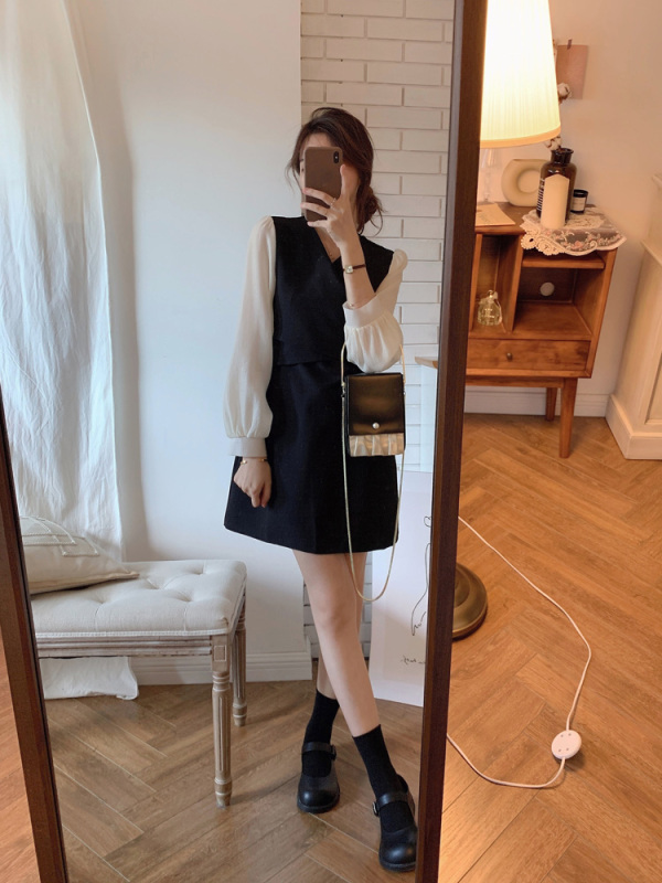 iamnoka temperament girls series autumn patchwork slimming short dress women's long-sleeved waist slimming skirt