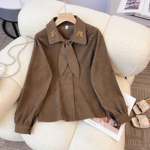 Niche autumn and winter design, embroidery versatile foreign wearing French bow, laceliocytic shirt, women's top