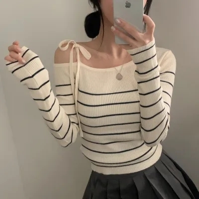 South Korea's Dongdaemun Autumn and Winter New Temperament Casual Diagonal Collar Suspender Off-Shoulder Striped Color Block Versatile Sweater