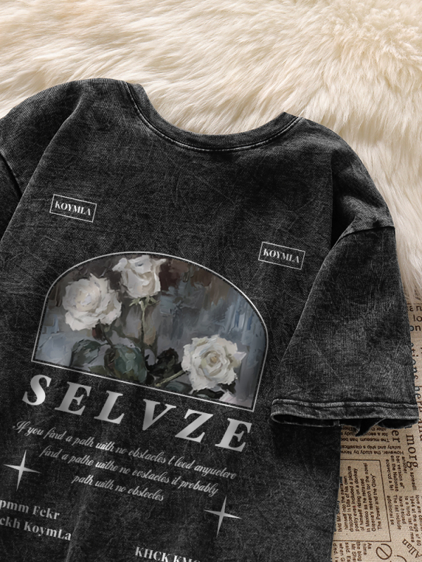 High quality pure cotton 230g 21 count combed tightly washed distressed printed loose large version short-sleeved shirt for women