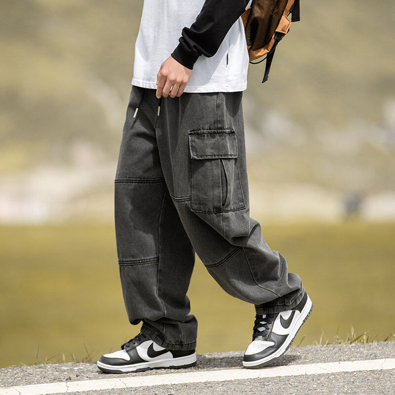 Double three-dimensional pocket jeans retro washed splicing straight loose trousers
