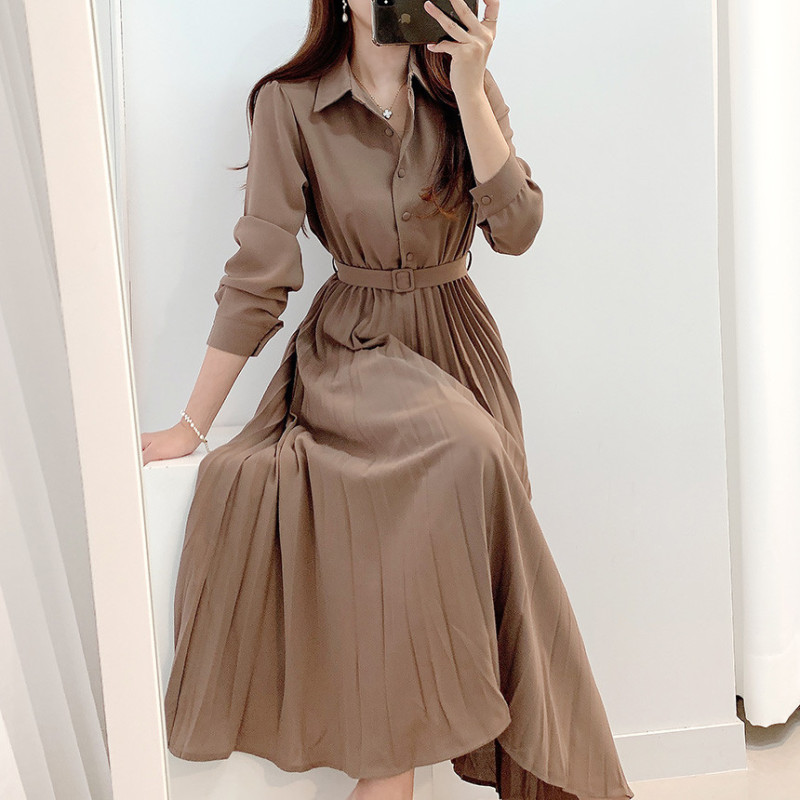 chic pleated waist long dress