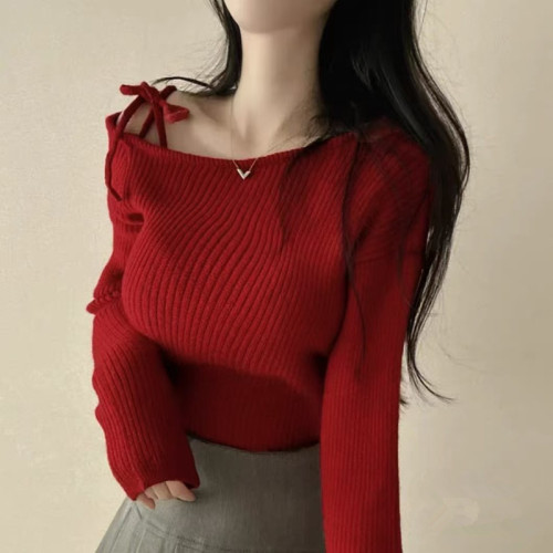 South Korea's Dongdaemun Autumn and Winter New Temperament Casual Diagonal Collar Suspender Off-Shoulder Striped Color Block Versatile Sweater
