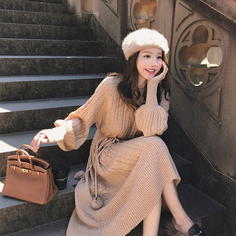 Autumn and winter new French retro over-the-knee bottoming sweater skirt women's small fragrant lantern sleeve knitted dress
