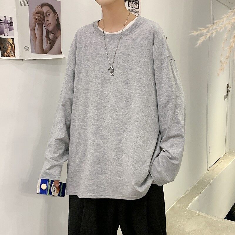 Long -sleeved T -shirt Men's Trend Hong Kong Wind Casual Top Loose Pure Color Inner Betting Fave