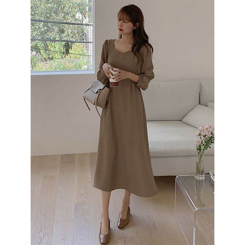 South Korea Chic autumn French temperament retro party leading age reduction bubble sleeve long lace -up waist long -sleeved dress