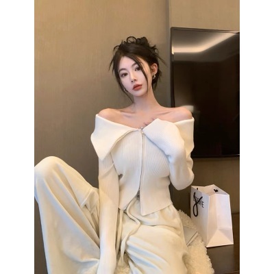 Early autumn, one word shoulder long -sleeved bottoming shirt women's design sense design sense, open shoulder shirt double zipper short knit sweater