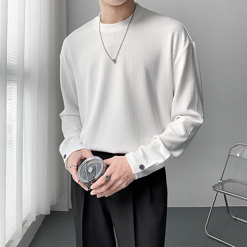 Loose and versatile pullover, casual round neck T-shirt, anti-wrinkle striped long-sleeved bottoming