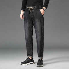 Men's micro-elastic high-waisted loose, iron-free straight-leg casual elastic jeans