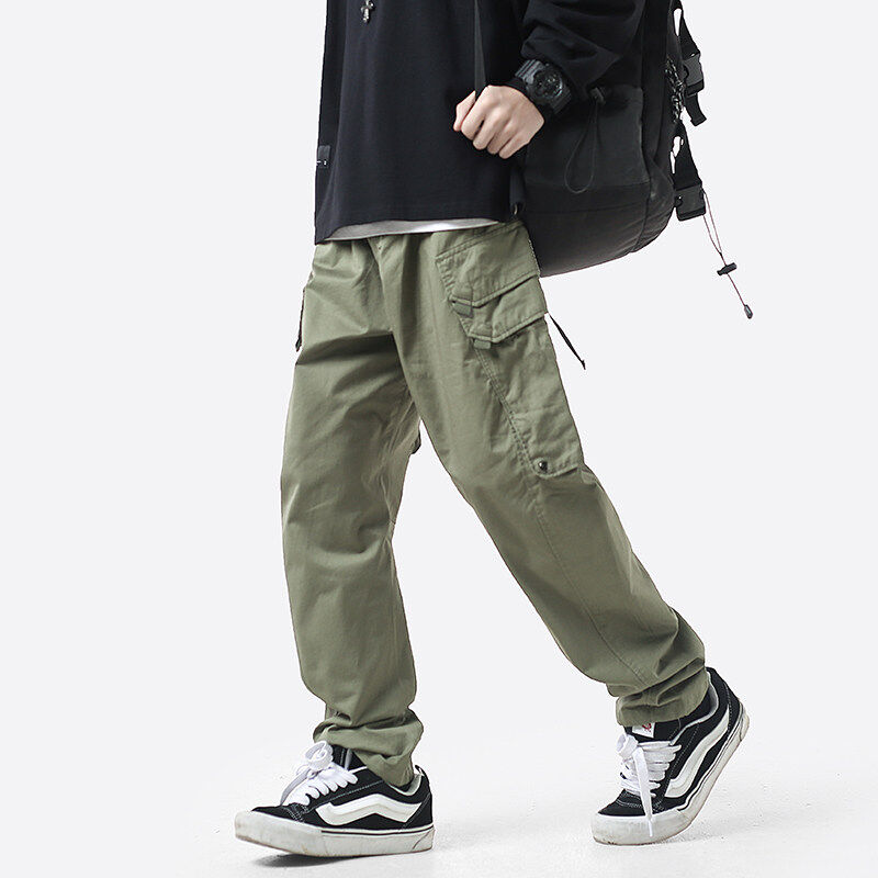 Functional style army green large pocket overalls trendy high street pants