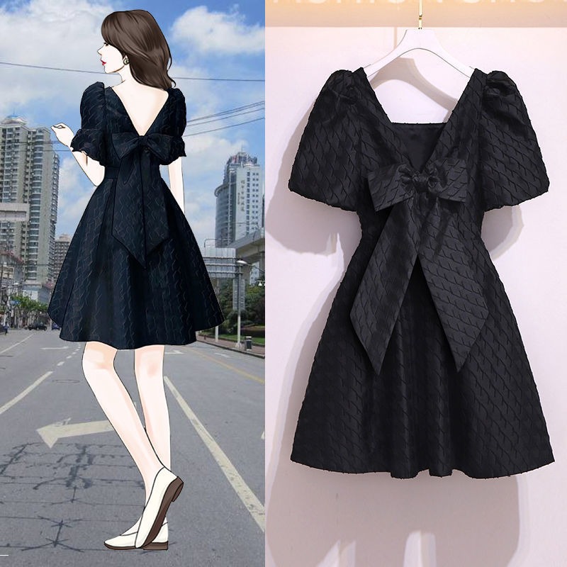 Dress for women summer new style plus size fat girl French style waist-covering belly slimming Hepburn style little black skirt