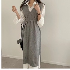 Korean style new lazy style sleeveless v-neck slit vest mid-length sweater with belt