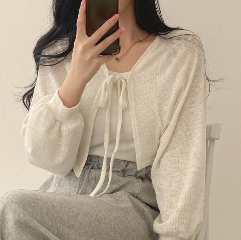 Korean summer sunscreen shirt niche wild belt lantern sleeve short thin cardigan jacket women's air -conditioned shirt