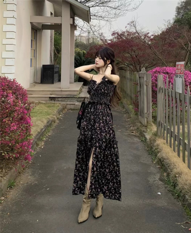 Flower Summer new split strap mid -length female dress
