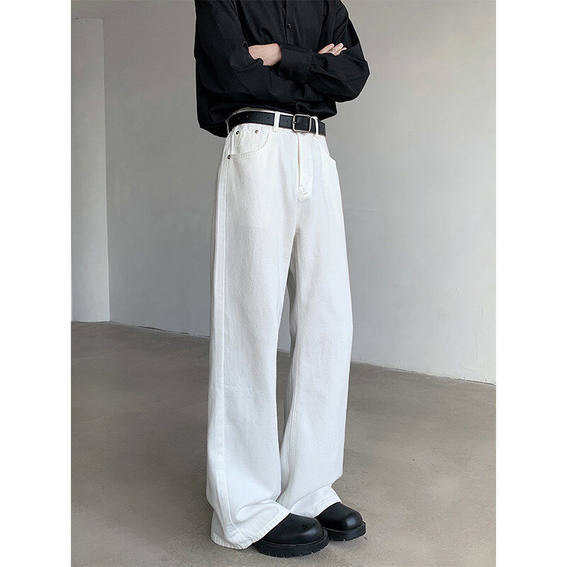 American white wide leg jeans for men, loose straight pants
