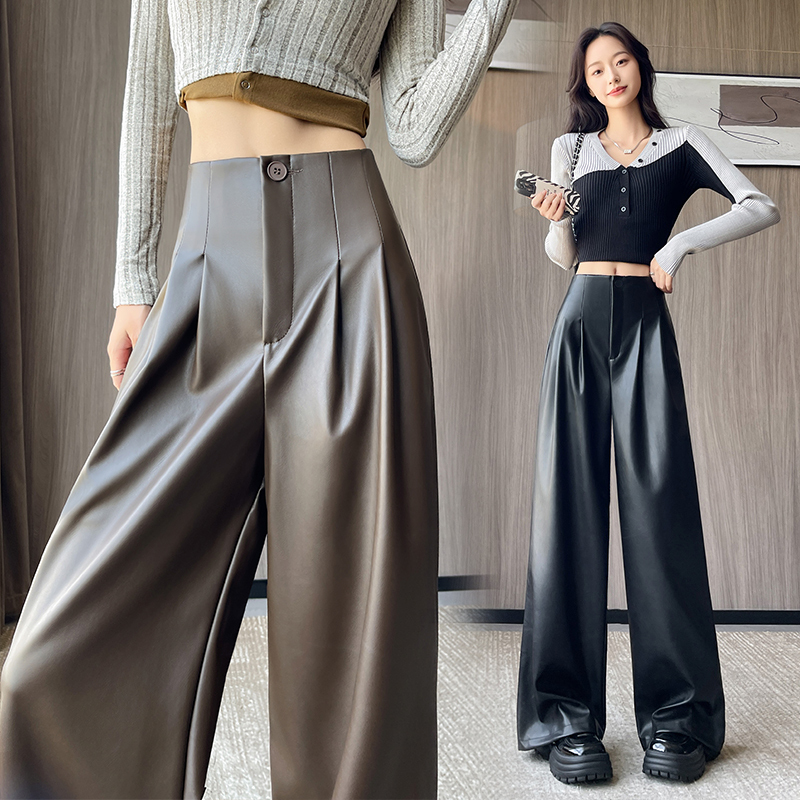 Suit wide-leg leather pants for women autumn and winter new high-waisted loose PU leather casual wide-leg pants floor-length trousers