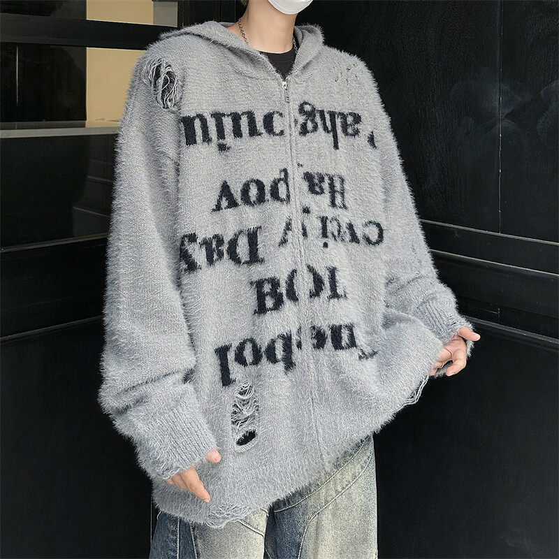 American retro high street ripped hooded sweaters, sweaters for men and women, autumn and winter versatile couple letter zippers