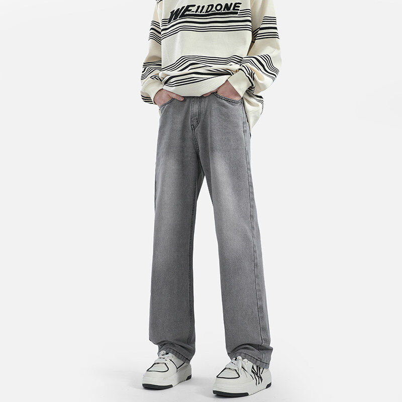 ins trendy loose wide-leg straight jeans men's trendy brand casual all-match solid color long pants