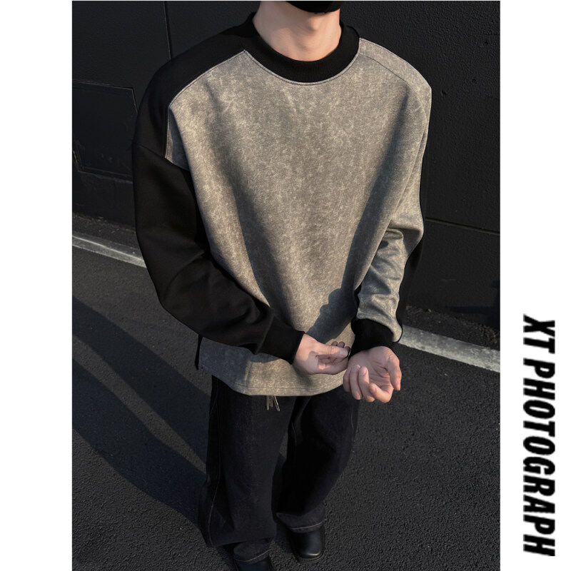Contrast color stitching Contrast color washed distressed tie-dye sweatshirt men's long-sleeved T-shirt jacket