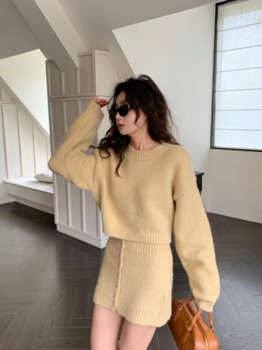 Korea Dongdaemun new winter fashion solid color sweater hot girl knitted hip skirt two-piece suit for women