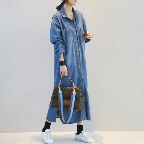 Long denim Gowboy New Spring and Autumn New denim shirt skirt female BF loose age reduction dress over knee long skirt