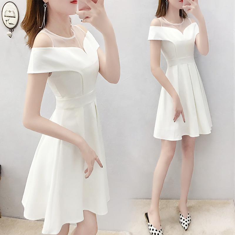 White one-shoulder dress for women, fresh new style, summer slim fit, a-line skirt, mid-length temperament