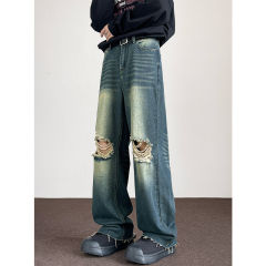 Distressed washed wide-leg jeans for men, trendy brand handsome floor mopping pants