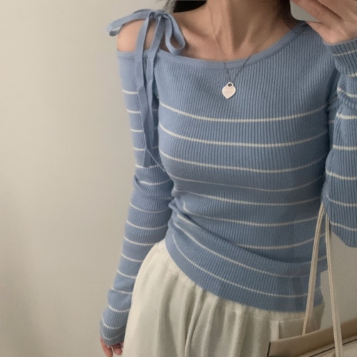 South Korea's Dongdaemun Autumn and Winter New Temperament Casual Diagonal Collar Suspender Off-Shoulder Striped Color Block Versatile Sweater