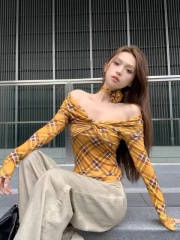 One-shoulder plaid cross long-sleeved T-shirt women's spring new style waist slimming bottoming shirt sweet and spicy niche top