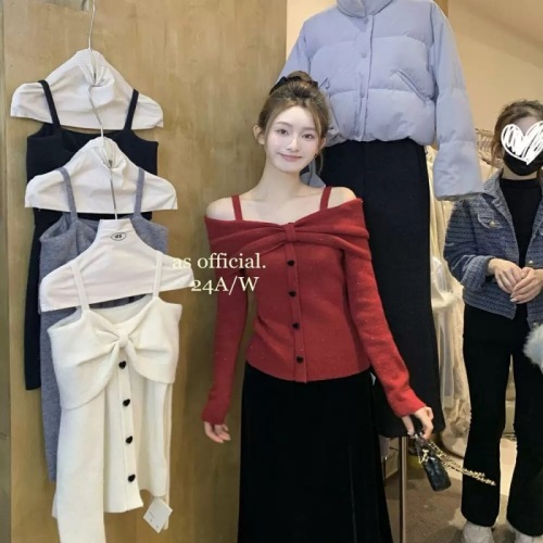 AS OFFICIAL blogger recommends nice flocked love buckle bow off-shoulder warm and stylish sweater