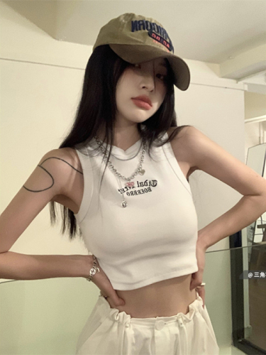 Hot model-200 grams of pits/real#-character embroidery without sleeve-navel workers suspended vest female top