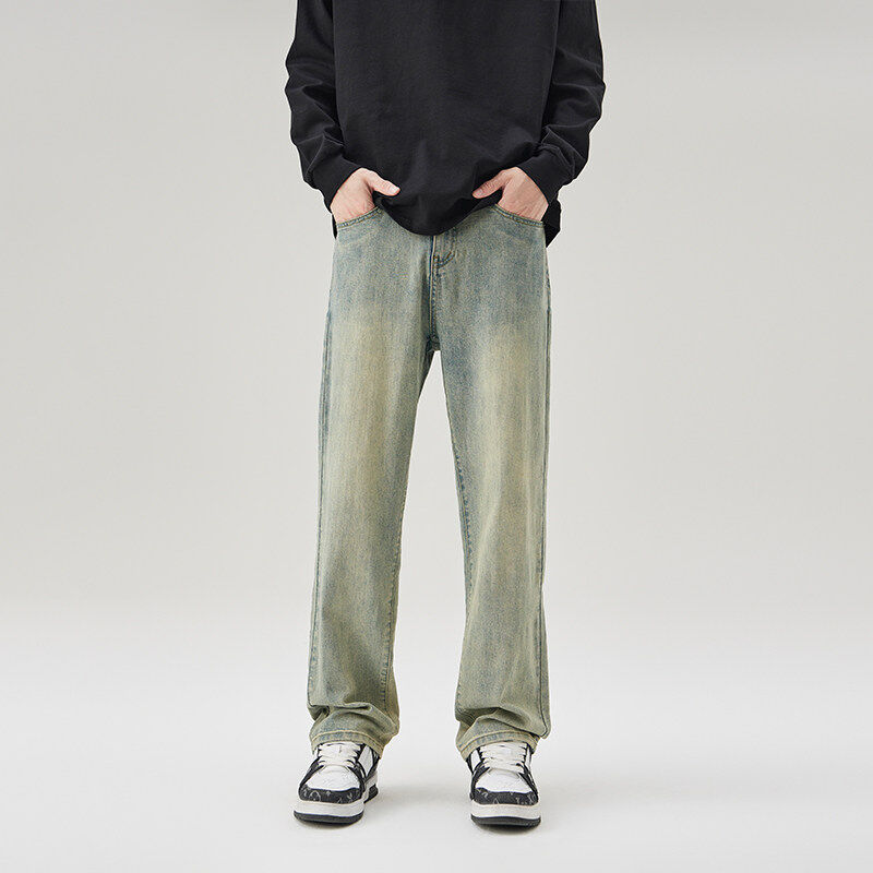 Stretch denim loose straight fit washed jeans